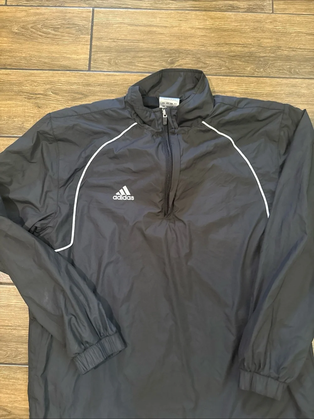 Y2K Adidas black windbreaker jacket with white stripes on back Size Small